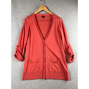 Talbots Button Up Front Cardigan Sweater Womens Size M Roll Tab Sleeve Pockets